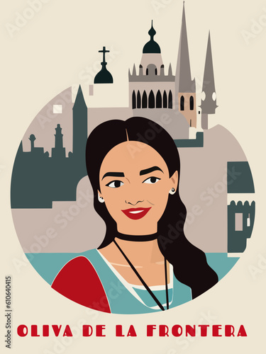 Oliva de la Frontera: Beautiful vintage-styled poster with a woman and the name Oliva de la Frontera in Extremadura