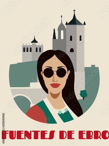 Fuentes de Ebro: Beautiful vintage-styled poster with a woman and the name Fuentes de Ebro in Aragon