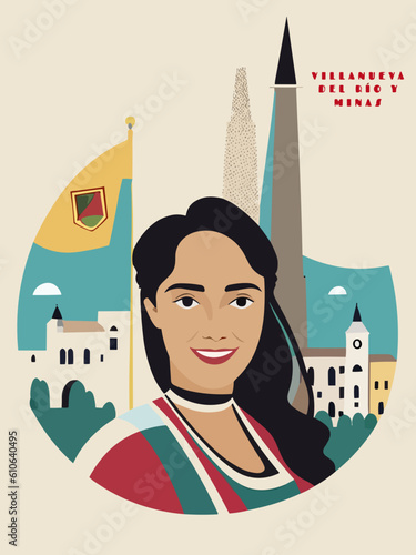 Villanueva del Río y Minas: Beautiful vintage-styled poster with a woman and the name Villanueva del Río y Minas in Andalusia photo