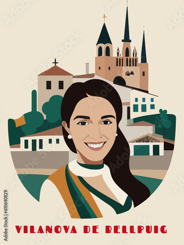 Vilanova de Bellpuig: Beautiful vintage-styled poster with a woman and the name Vilanova de Bellpuig in Catalonia photo