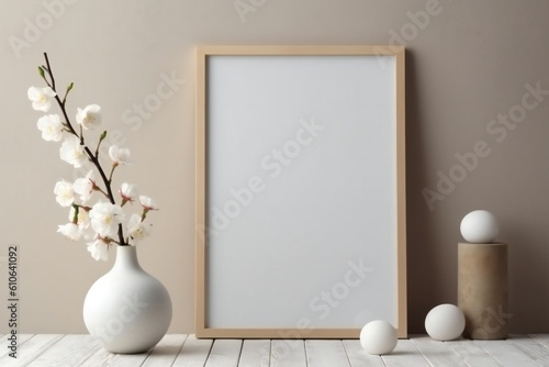 Interior of relaxing spa room with empty black frame Generative AI