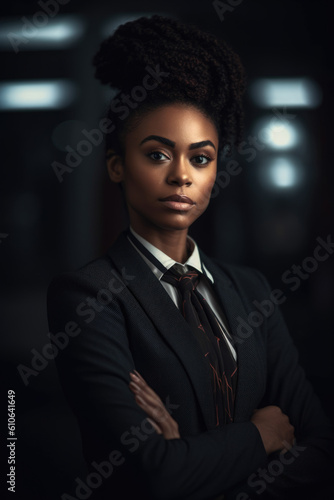 Bllack woman in a business suit standing in a confident pose. Woman's rights equality success of African-American people generative ai