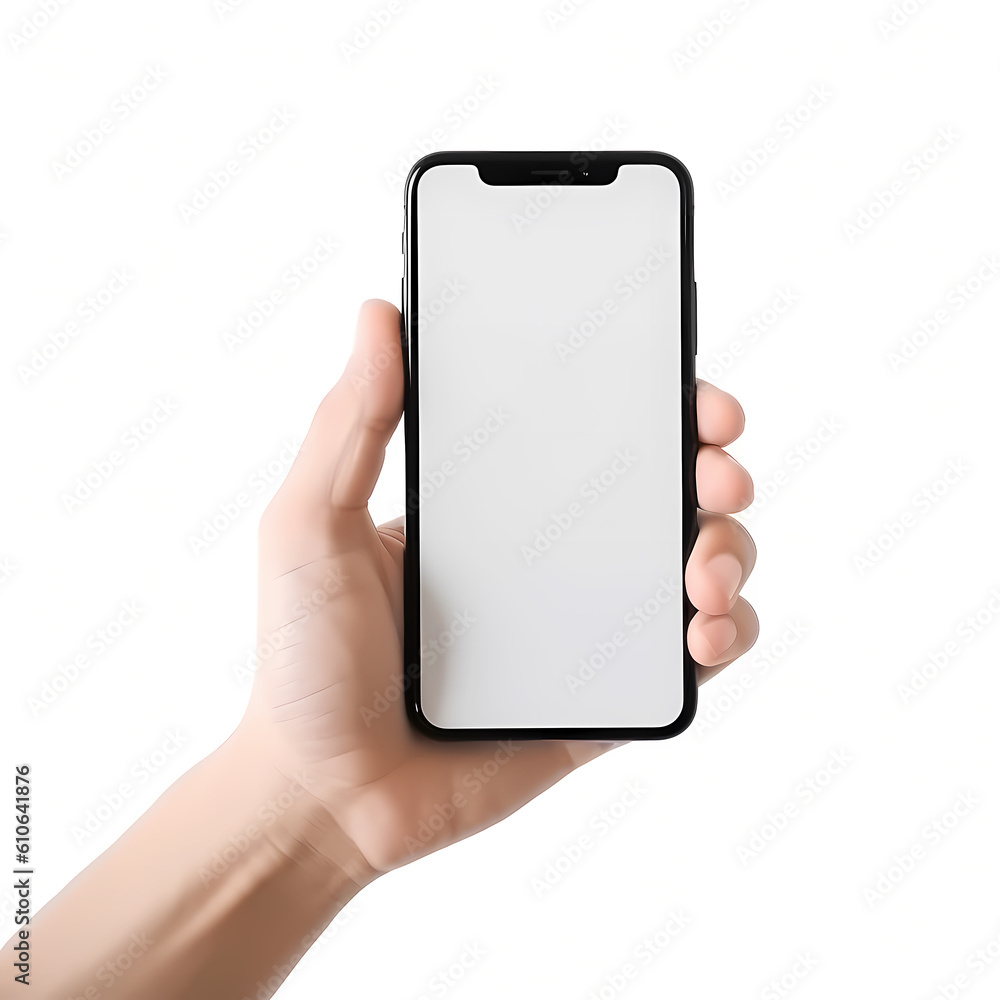Wireless Technology: Hand Holding Touch Screen Smartphone on White Background created with Generative AI technology. Wireless Technology: Hand Holding Touch Screen Smartphone on White Background created with Generative AI technology.