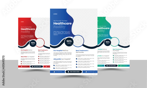 Corporate medical flyer template design set with green, blue, and red colors variation. organic shape modern creative unique idea cover brochure a4 size half page flyer background for healthy company