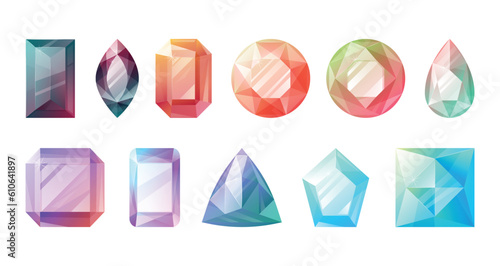 Set of multicolored diverse realistic faceted shining gems. Collection of vector isolated expensive precious jewelry.