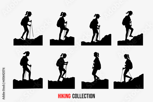 Vector illustration. Adventure tourism concept. Young girl with backpack walks on mountains with travel sticks. Black silhouettes isolated on white background