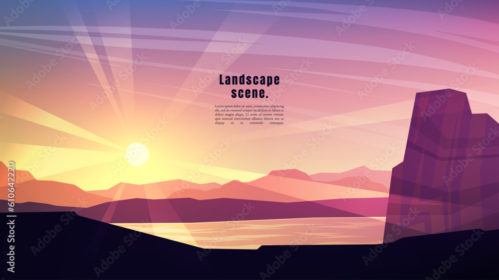 Fototapeta premium Vector illustration. Minimalist polygonal design. Nature landscape background. Panoramic view. Design element for web banner, website template. Cartoon flat style. Forest trees by water. Evening scene