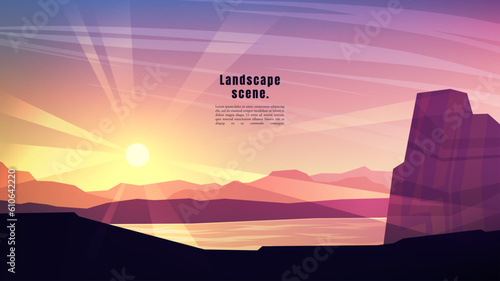 Vector illustration. Minimalist polygonal design. Nature landscape background. Panoramic view. Design element for web banner, website template. Cartoon flat style. Forest trees by water. Evening scene