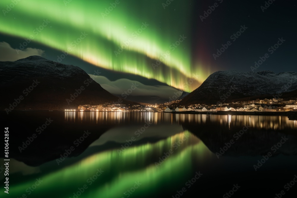 Aurora Borealis reflected between two fjords. Generative ai
