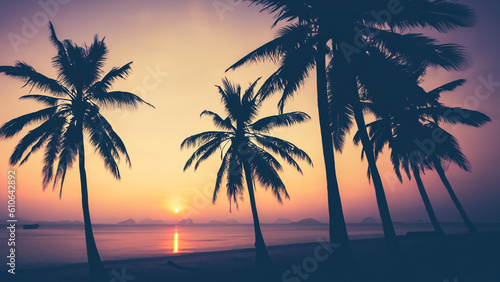 Silhouette coconut palm trees on the beach at sunset. vintage tone. - generative ai