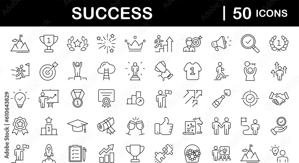 Success set of web icons in line style. Goals and Target icons for web and mobile app. Competition, awards, achievement, laurel branch, reward, winner, motivation, aim, plan and process