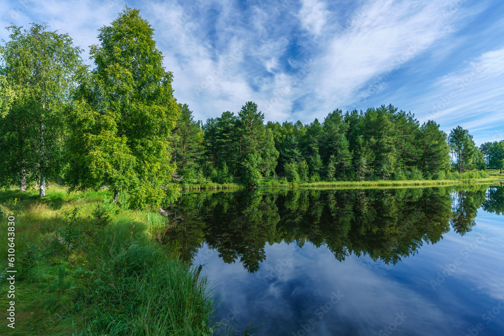 Beautiful summer view from a calm and shiny river in Sweden
