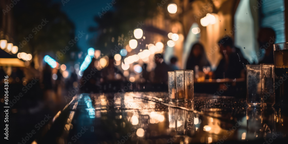 Outdoors Bar at night. Silhouettes of people drinking and having fun on city streets. Generative AI