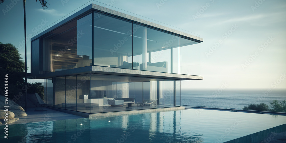 Luxury beach house with sea view swimming pool and terrace in modern design, vacation home or holiday villa for big family, panoramic image. Generative Ai Luxury beach house with sea view swimming pool and terrace in modern design, vacation home or holiday villa for big family, panoramic image. Generative Ai