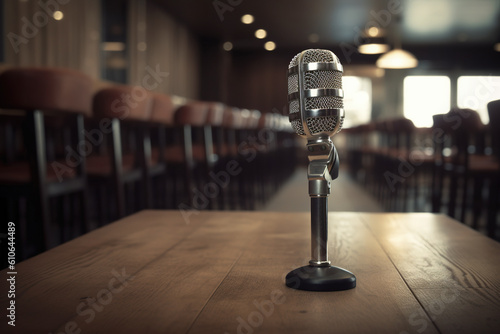 Microphone over the blurred conference hall or seminar room background. Generative Ai