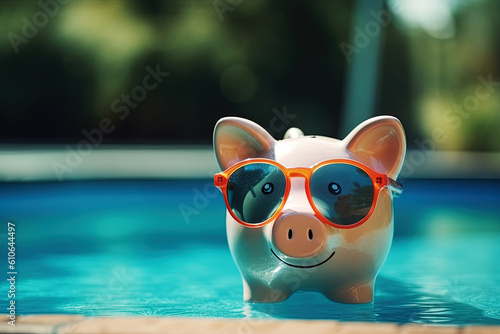 piggy bank in pool, saving money for vacation time. Generative Ai © Alexandra
