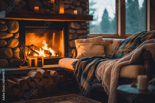 A cozy living room with a fire place. Generative AI image.