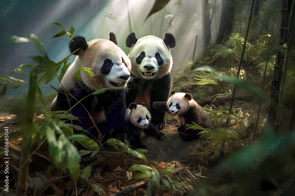 Obraz premium Sand Bär mit Panda Babys in einem Bambuswald. Generiert mit KI