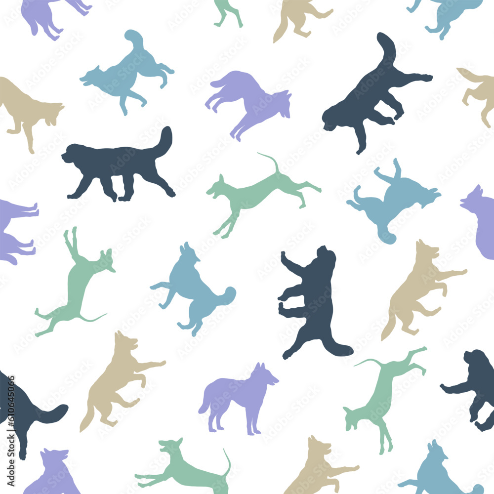 Dogs different colors isolated on a white background. Seamless pattern. Endless texture. Design for fabric, decor, wallpaper, wrapping paper, surface design. Vector illustration.