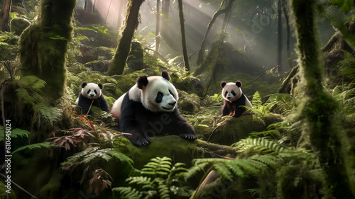Sand Bär mit Panda Babys in einem Bambuswald. Generiert mit KI