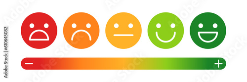 Sad, neutral, satisfied, happy emoji set on white background. Emotion levels on scale different faces icon. Satisfaction, pain feedback with emoticon concept. Vector illustration flat, gradient style.