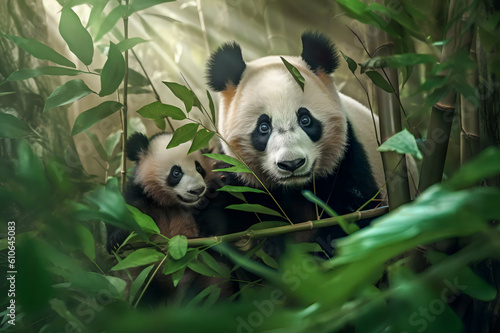 Sand B  r mit Panda Babys in einem Bambuswald. Generiert mit KI