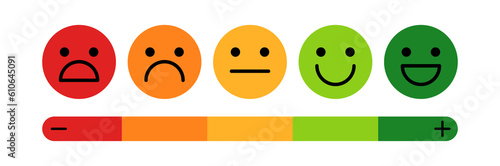 Sad, neutral, satisfied, happy emoji set on white background. Emotion levels on scale different faces icon. Satisfaction, pain feedback with emoticon concept. Vector illustration in flat style.