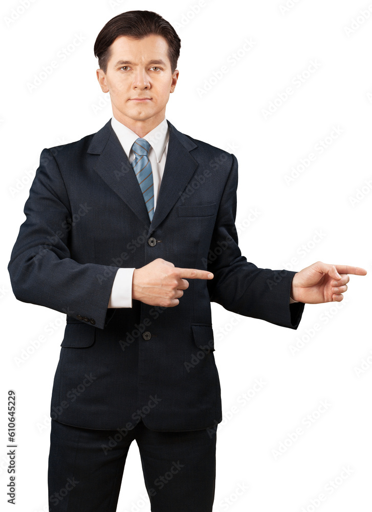 Business man architect standing in a business suit pointing finger Business man architect standing in a business suit pointing finger