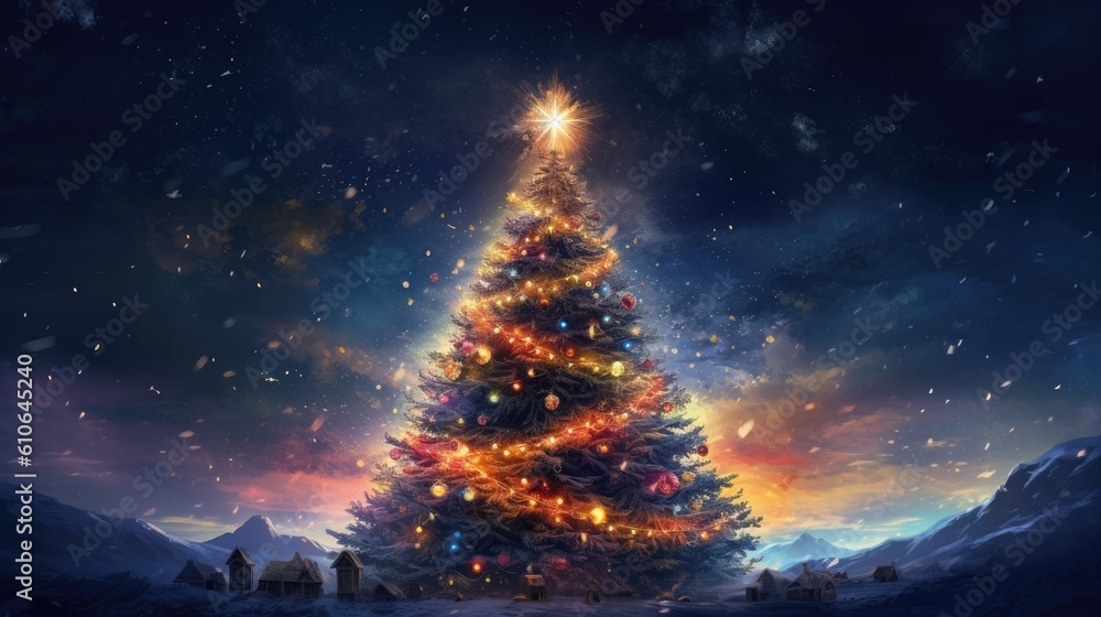 A beautifully illuminated Christmas tree with shimmering ornaments and cascading ribbons, set against a backdrop of a starry night sky - Generative ai A beautifully illuminated Christmas tree with shimmering ornaments and cascading ribbons, set against a backdrop of a starry night sky - Generative ai