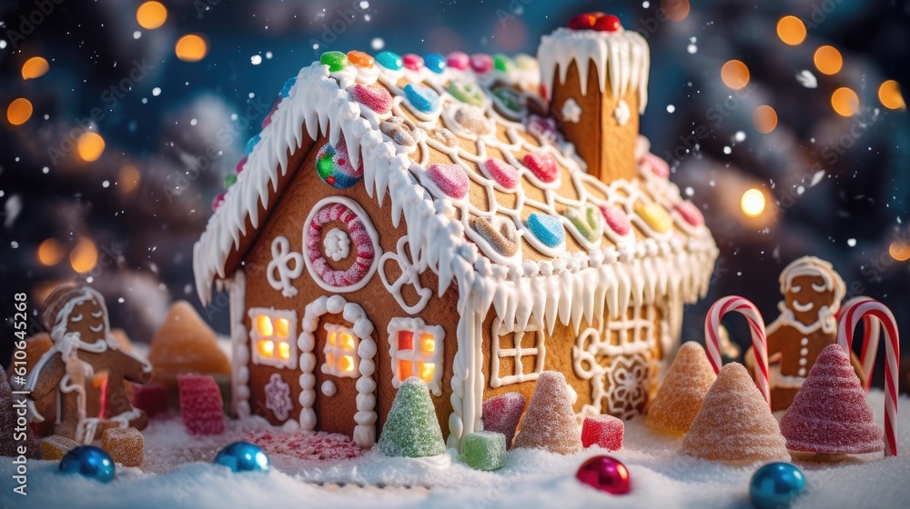 A close-up shot of a perfectly decorated gingerbread house with colorful candies and icing details - Generative ai A close-up shot of a perfectly decorated gingerbread house with colorful candies and icing details - Generative ai