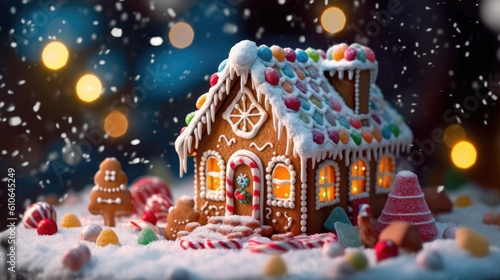 A close-up shot of a perfectly decorated gingerbread house with colorful candies and icing details - Generative ai © Filip