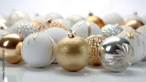 A close-up shot of elegant silver and gold Christmas ornaments on a pristine white background - Generative ai