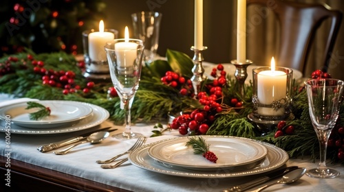 A festive table setting with crisp white linens, gleaming silverware, and a centerpiece of fresh holly and red berries - Generative ai