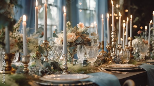A close-up shot of a festive holiday table setting with sparkling silverware, crystal glasses, and elegant floral centerpieces - Generative ai