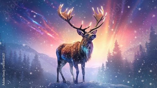 A majestic reindeer standing proudly in a snowy landscape  with antlers adorned in twinkling lights - Generative ai
