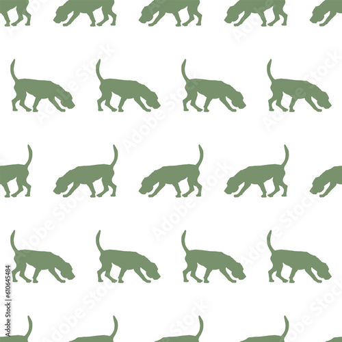 Walking and sniffing english beagle puppy isolated on a white background. Dog silhouette. Seamless pattern. Endless texture. Use for wallpaper  fabric  template  print. Vector illustration.