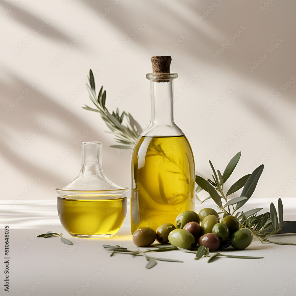 Olive oil in glass bottles with olives and leaves on beige background with copy space. AI generated Olive oil in glass bottles with olives and leaves on beige background with copy space. AI generated