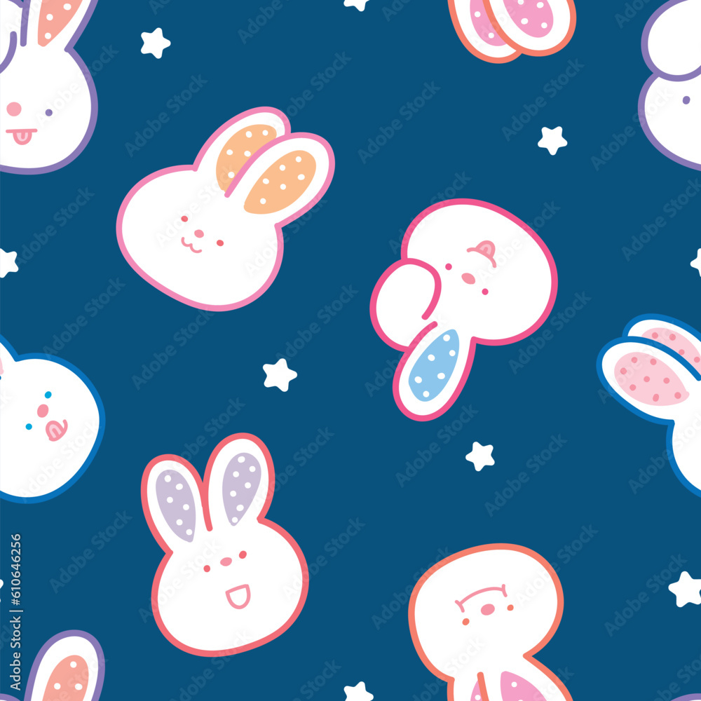 Seamless Childish Pattern with Cartoon Rabbit Face and Star Design on Dark Blue Background