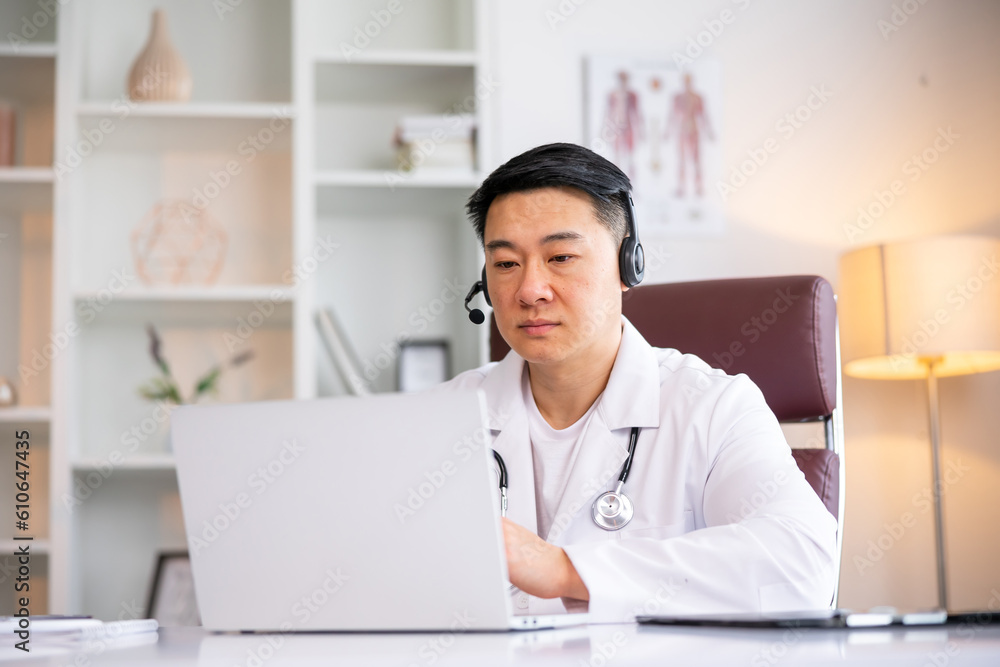 Young male doctor in white medical uniform and wireless headset talk on video call on computer, consult patient online. Asian man GP in headphones watch webinar on laptop in hospital Young male doctor in white medical uniform and wireless headset talk on video call on computer, consult patient online. Asian man GP in headphones watch webinar on laptop in hospital