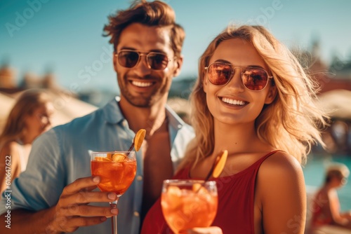 Happy couple of woman and man enjoying refreshing drink on the beach, AI Generative