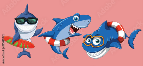 Set of summer shark cartoon character