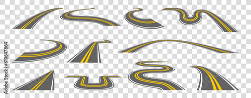 Road way. Automobile path. Straight and curve in perspective. Route to horizon line. Highway lane. Car transportation. Isolated speedway elements set. Vector current cartoon illustration