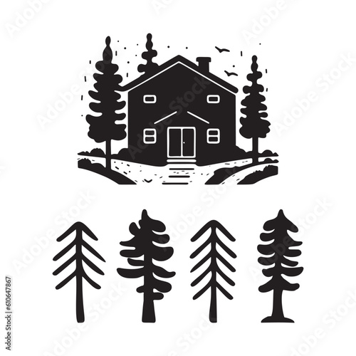 Set of log cabin and alpine fir tree vector illustrations. Masculine outdoor travel in nordic linocut chalet in Scandinavian holiday group