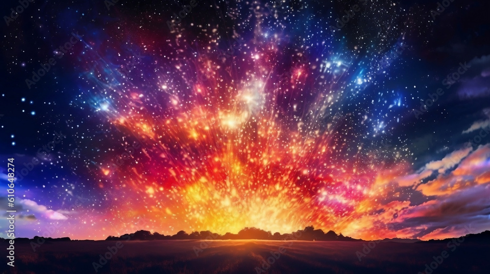 A burst in the night sky with bright light shinning down on the ground, starry night sky, colorful light. Generative Ai A burst in the night sky with bright light shinning down on the ground, starry night sky, colorful light. Generative Ai