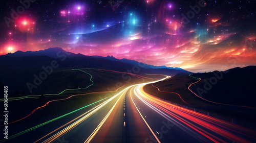 colourful lights trail on a highway with motion effect and trailing effect, illustration, starry shinning sky, multicolor lights. Generative Ai
