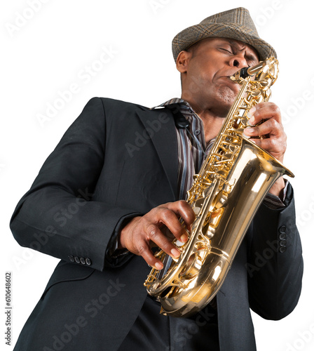 Canvas Print Saxophonist. Man playing on the gold saxophone