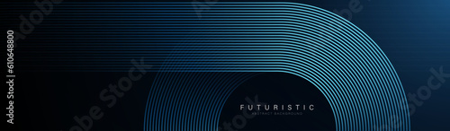 Abstract futuristic glowing lines on dark background. Modern shiny blue rounded lines pattern. Elegant geometric stripe line design. Horizontal banner template. Vector illustration