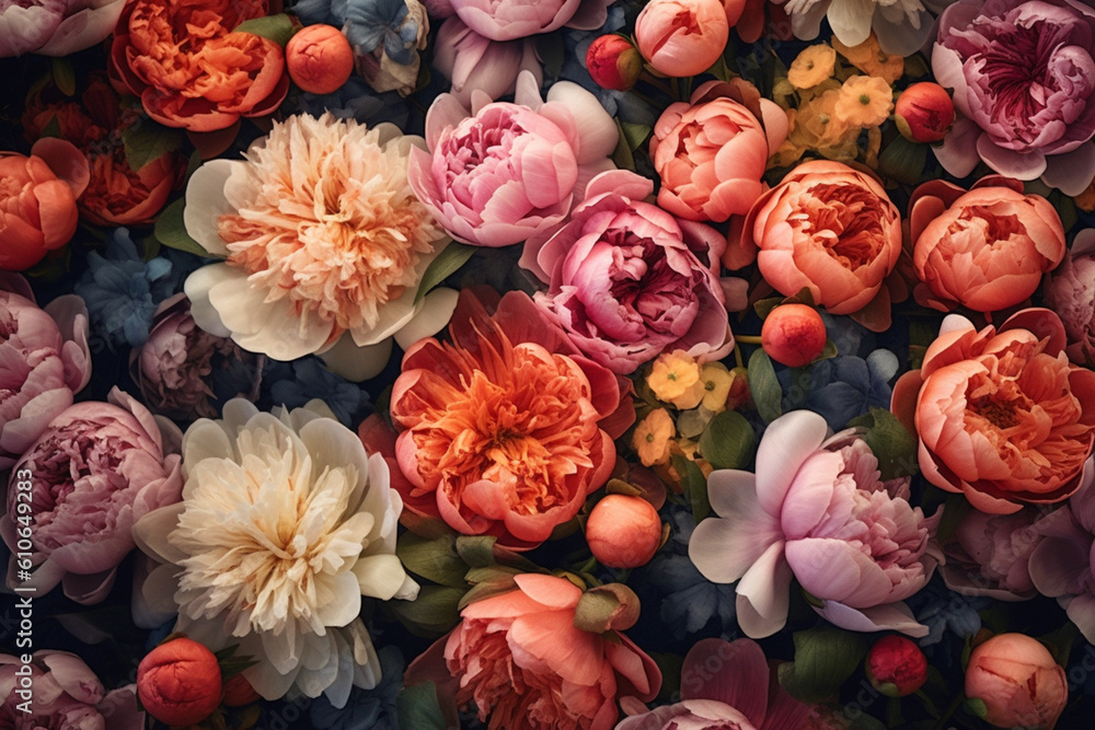 peonies in different shades, top down, generative ai peonies in different shades, top down, generative ai