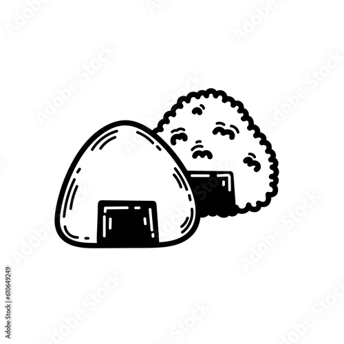Onigiri. Rice bowl in nori seaweed. Traditional japanese fast food. Bento lunch. Vintage retro style. Vector illustration in outline