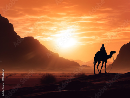 man riding a camel through a desert landscape